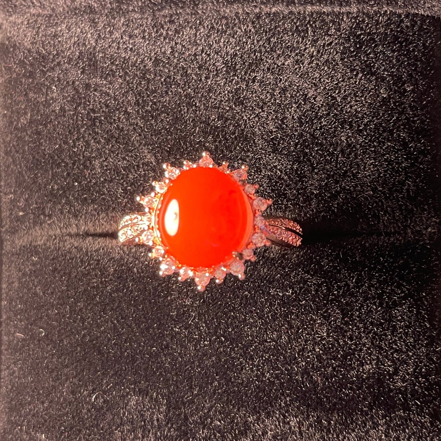 Sunburst Majesty – Icy Red Nanhong Agate Adjustable Ring with Certificate