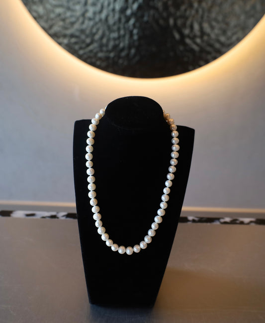 Serenity White Pearl Necklace 8-9 mm with Finely Crafted Silver Clasp