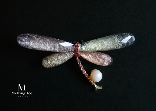 Radiant Dragonfly Brooch with Faux Rutilated Quartz Wings and Pearl Accent